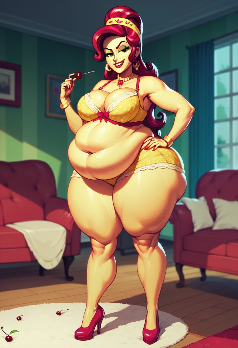 Cherry Jubilee, wearing sexy yellow bra and yellow panties, smug grin, massive fat belly, Cherry Jubilee Equestria Girls, full body, Standing, in the living room, Cherry Jubilee, cuerpo completo, high resolusion