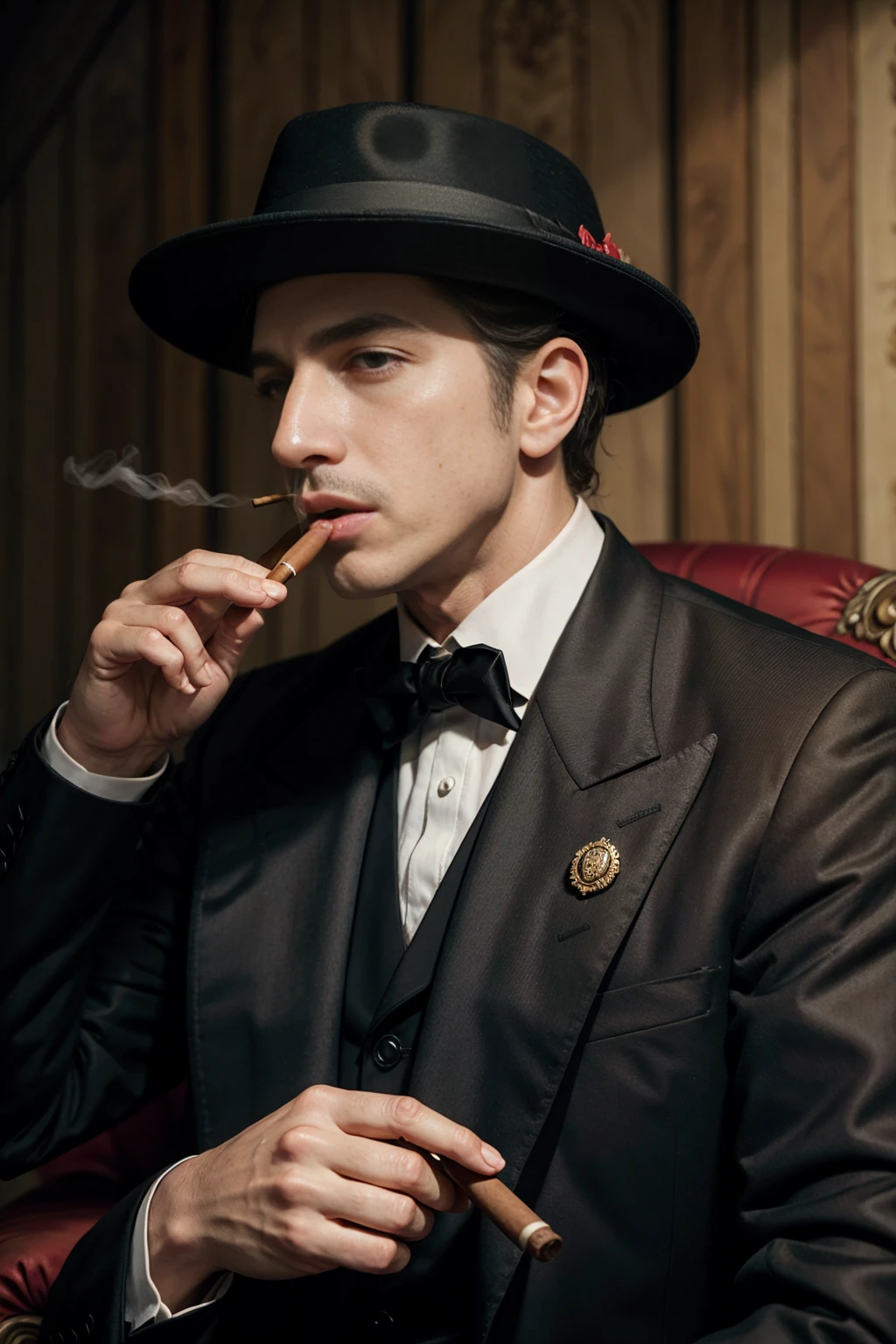 Man, thinning beard, suit, sitting, smoking, lizard eyes, 4k