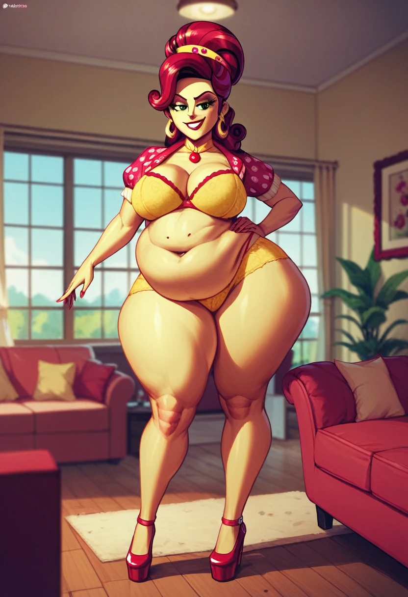 Cherry Jubilee, wearing sexy yellow bra and yellow panties, smug grin, massive fat belly, Cherry Jubilee Equestria Girls, full body, Standing, in the living room, Cherry Jubilee, cuerpo completo, high resolusion