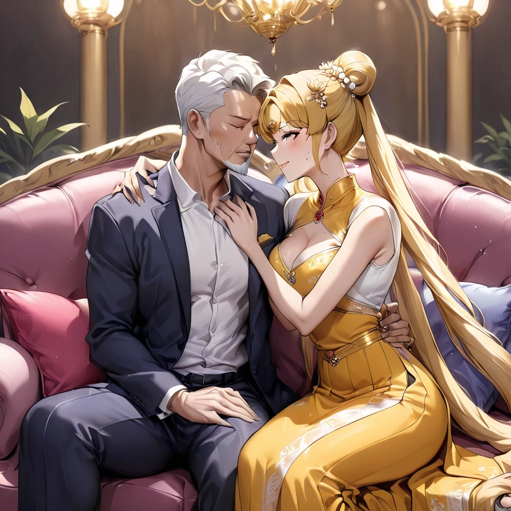 ((Highest quality)), ((masterpiece)), (detailed), （Perfect Face）、The woman is a Vietnamese woman named Tsukino Usagi, wearing a gorgeous and glittering ao dai, a traditional Vietnamese dress with gold embroidery, a gorgeous hair ornament, gorgeous jeweled accessories and an engagement ring. The man and woman are sitting on a gorgeous, large sofa in a luxurious room, and the woman is embracing and kissing the dignified and bearded middle-aged Vietnamese man wearing a Vietnamese national dress, making love.、The woman is the elegant Tsukino Usagi, a Vietnamese girl with long blonde hair in a chignon twin tail and wearing an ao dai.、The man is a dignified, muscular, bearded, middle-aged Vietnamese man wearing Vietnamese national dress.