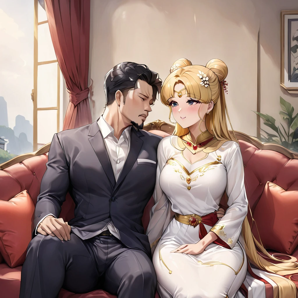 ((Highest quality)), ((masterpiece)), (detailed), （Perfect Face）、The woman is a Vietnamese woman named Tsukino Usagi, wearing a gorgeous and glittering ao dai, a traditional Vietnamese dress with gold embroidery, a gorgeous hair ornament, gorgeous jeweled accessories and an engagement ring. The man and woman are sitting on a gorgeous, large sofa in a luxurious room, and the woman is embracing and kissing the dignified and bearded middle-aged Vietnamese man wearing a Vietnamese national dress, making love.、The woman is the elegant Tsukino Usagi, a Vietnamese girl with long blonde hair in a chignon twin tail and wearing an ao dai.、The man is a dignified, muscular, bearded, middle-aged Vietnamese man wearing Vietnamese national dress.