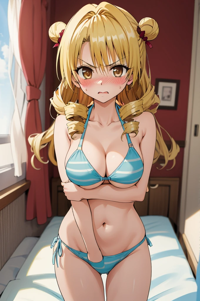 masterpiece, best quality, highres, 1girl, solo, long hair, blonde hair, double bun, drill hair, brown eyes, ,bikini,big breasts,angry,,blush,looking viewer,my room,