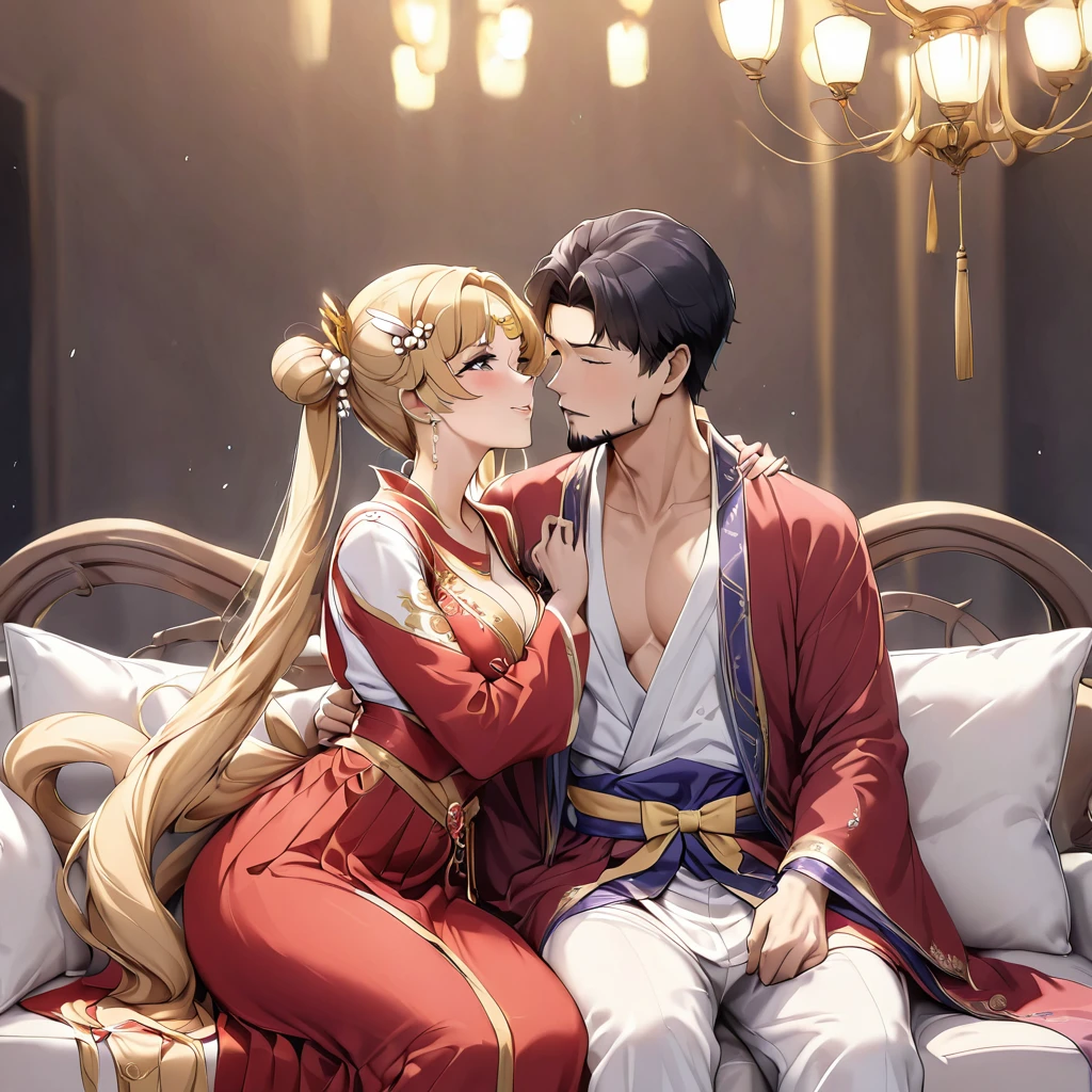 2 sexy males 25 year old, anime elves in a sensual pose medieval poster bed kissing under the sheer sheets, kissing each other, long blond/black hair, perfect intimate position, perfect composition, perfect hands and face, masterpiece, black/red color, UHD, 32k,

