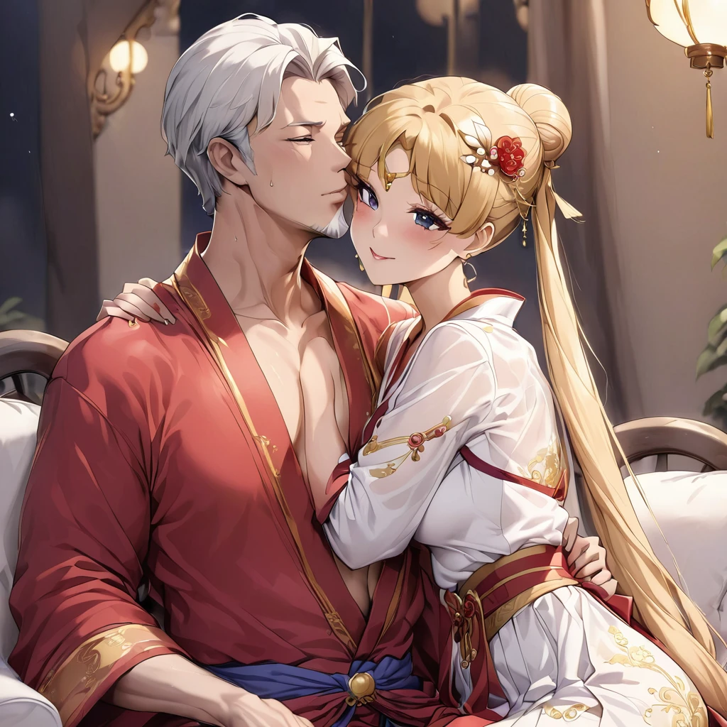 ((Highest quality)), ((masterpiece)), (detailed), (Perfect Face)、The woman is a Chinese girl named Tsukino Usagi, dressed in a gorgeous, glittering red Hanfu outfit with lots of gold embroidery, a gorgeous hair ornament, gorgeous jeweled accessories and an engagement ring. The two are sitting on a gorgeous, large sofa in a gorgeous room, and the woman is embracing and kissing the middle-aged Chinese man dressed in a dignified and sturdy Hanfu, making love to each other.、The woman is the elegant Tsukino Usagi, a Chinese woman with long blonde hair in a chignon twin tail and wearing a red Hanfu with gorgeous gold embroidery all over it.、The man is a dignified, muscular, bearded, middle-aged Chinese man wearing the traditional Chinese dress, Hanfu.