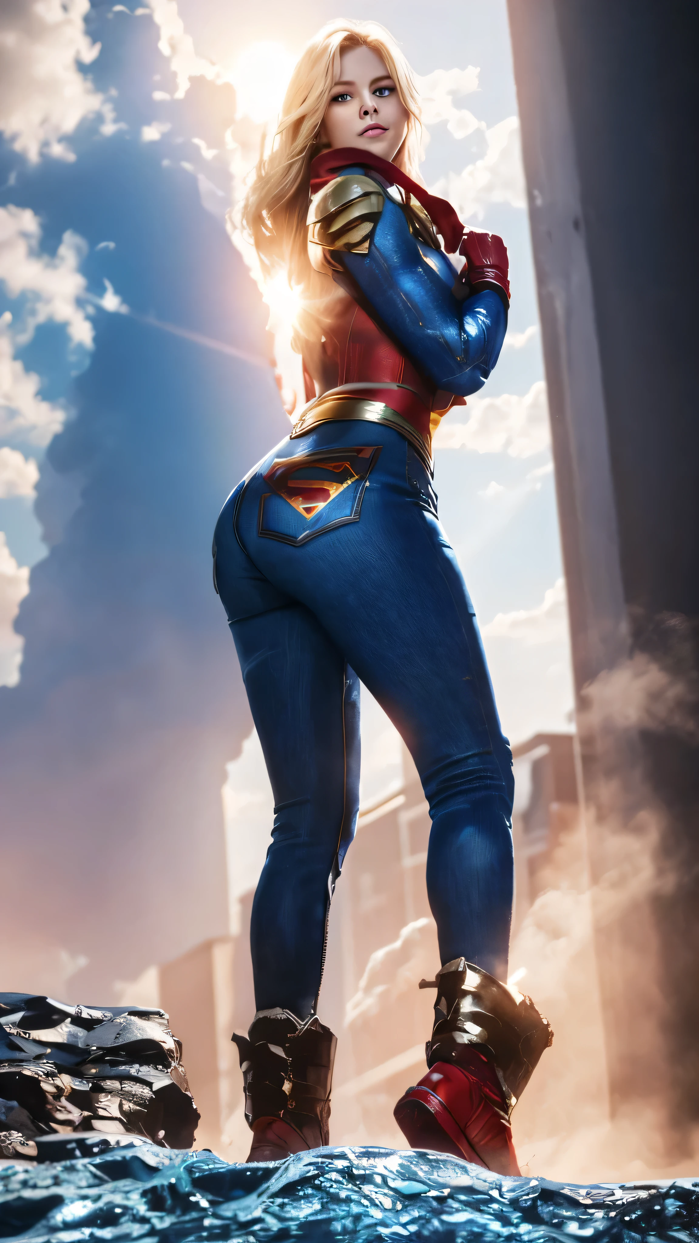 The character Supergirl, extremely beautiful face, perfect red and blue costume, denim style, extremely beautiful blue eyes, perfect blond hair, smooth curves, perfect hands and fingers