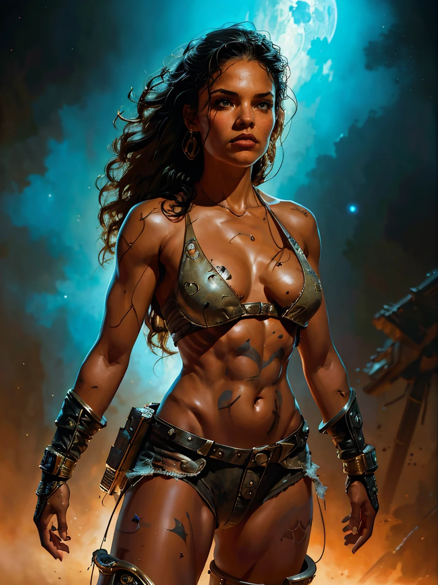 a young female space fighter pilot based on Michelle Rodriguez, sci-fi illustration, highly detailed cinematic fantasy portrait, black outlining, full color illustration, in the style of BORIS VALLEJO & JULIE BELL, masterpiece, 8k, ultra-detailed, physically-based rendering, vivid colors, dramatic lighting, intricate background, fantasy, photorealistic