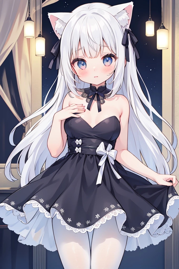 beautiful girl, cute, young, small limbs, short fingers, Big Breasts, Embarrassed face, large ribbon on the head, Thin and light clothing, dress, Sheer white lace tights, Thin, sheer white tights、Symmetrical eyes, whole body, lift the perineum, naked,Cat ear,Long white hair,Light blue eye-shaped leg movements),