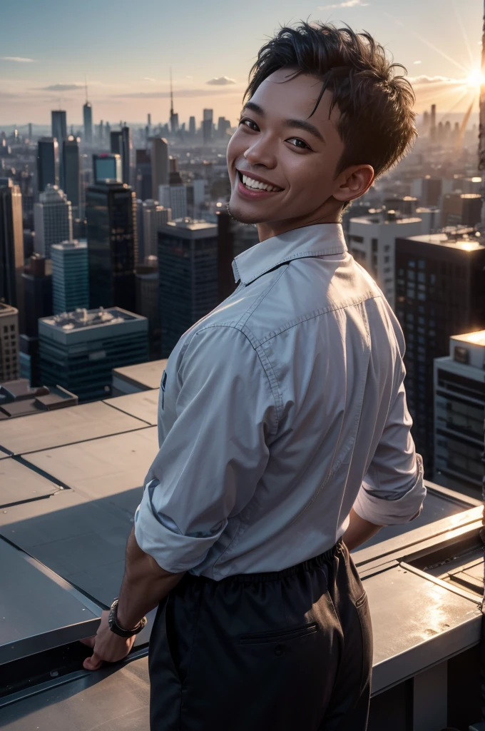 Pastor preaching the gospel, in a rooftop, with a skyline city, with happy smile, in a sunset, depth of field, cinematic lighting, god rays, backlighting, UHD, UHD, best quality
