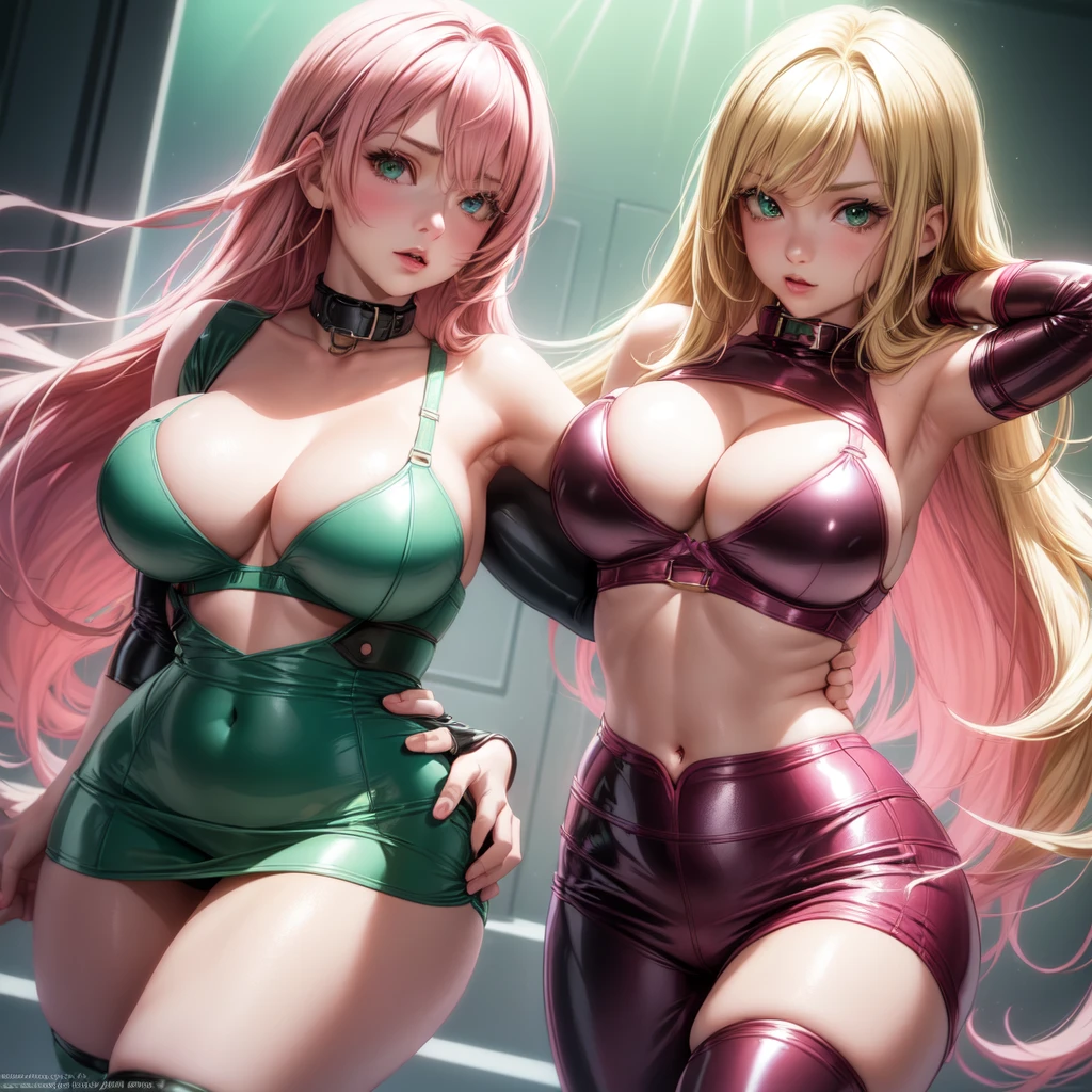 ((2 girls), solo, clevage, Big round breasts, realistic, pink hair, blonde hair, light green eyes, collar bone, looking at camera, side by side, latex bra, underbust
