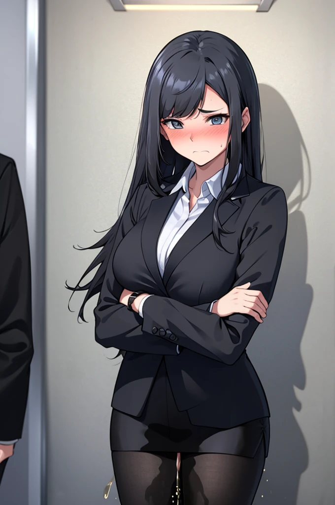 A woman with very long black hair and (very long bangs:1.5), wearing a business suit and pencil skirt with pantyhose, standing. The artwork is inspired by manga and incorporates a doujin style. The woman appears to be (wetting herself:1.5), which causes her to feel embarrassed and humiliated, resulting in a blush on her face. In addition, there is an air of anger in her expression. The lighting in the scene is moody, with a spotlight highlighting the woman's figure. She is crossing her arms, (arms crossed:1.5), fully showcasing her pencil skirt., large breasts