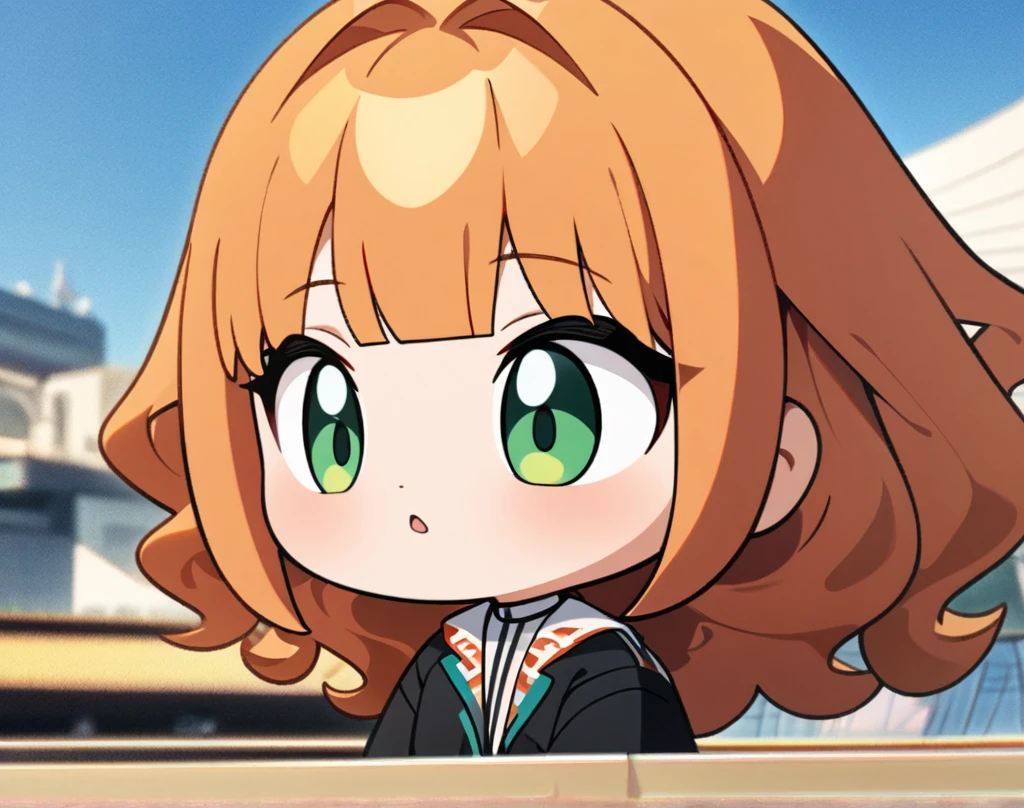 (masterpiece), best quality, ultra-detailed, 1024k UHD wallpaper, ultra-high resolution, depth of field, HDR, (extremely detailed CG 1024k wallpaper), Detailed face, Detailed Clothes, Ultra HD Photo, 1girl, long silky hair, 90's style, medium orange hair, green eyes, chibi, (newest anime art style)