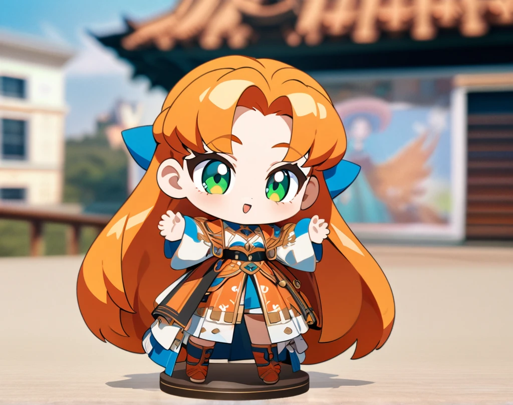(masterpiece), best quality, ultra-detailed, 1024k UHD wallpaper, ultra-high resolution, depth of field, HDR, (extremely detailed CG 1024k wallpaper), Detailed face, Detailed Clothes, Ultra HD Photo, 1girl, long silky hair, 90's style, medium orange hair, green eyes, chibi, (newest anime art style)