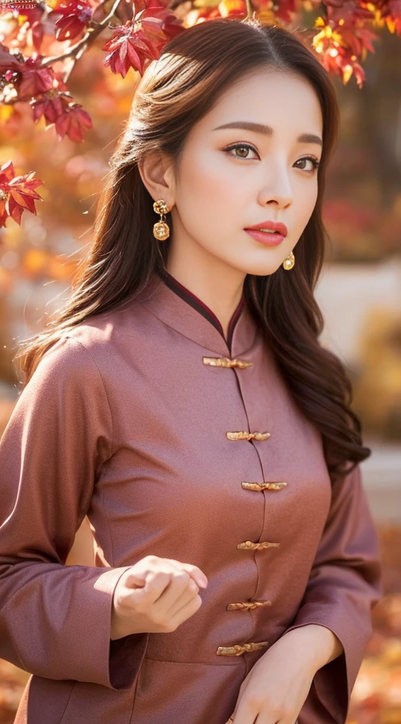 (Highest quality、4K、masterpiece:1.3)、Beautiful Chinese Woman、One woman、Female members of Shen Yun Performing Arts practice、
Sexy:1.1、Light brown hair:1.1、Autumn Outfits、Ultra detailed face、Detailed lips、Detailed eyes、double eyelid