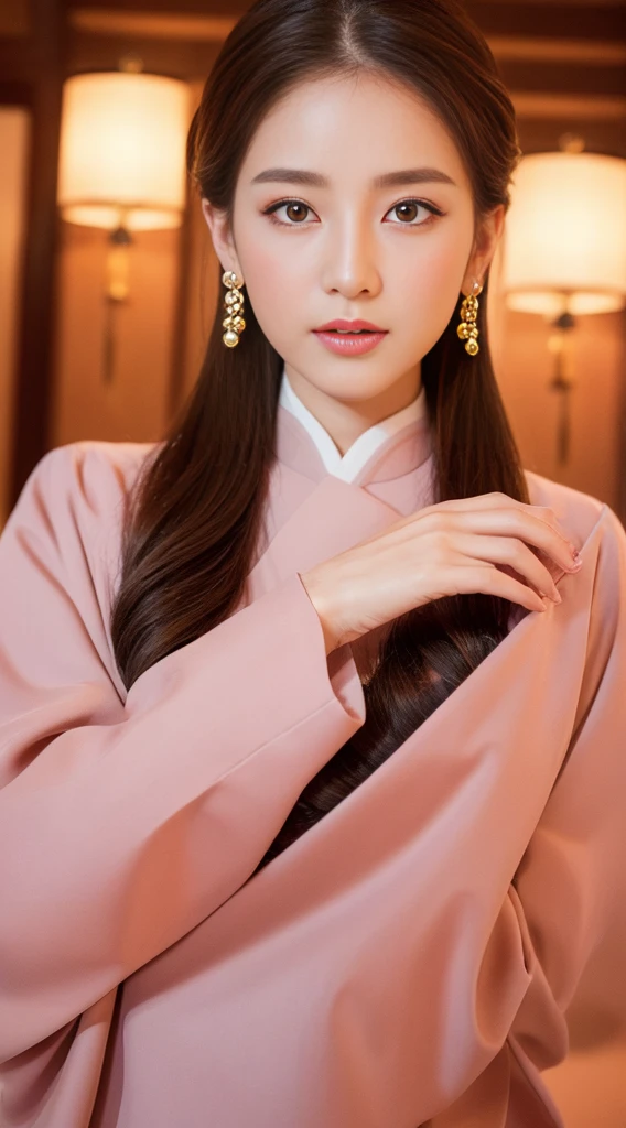 (Highest quality、4K、masterpiece:1.3)、Beautiful Chinese Woman、One woman、Female members of Shen Yun Performing Arts practice、
Sexy:1.1、Light brown hair:1.1、Autumn Outfits、Ultra detailed face、Detailed lips、Detailed eyes、double eyelid