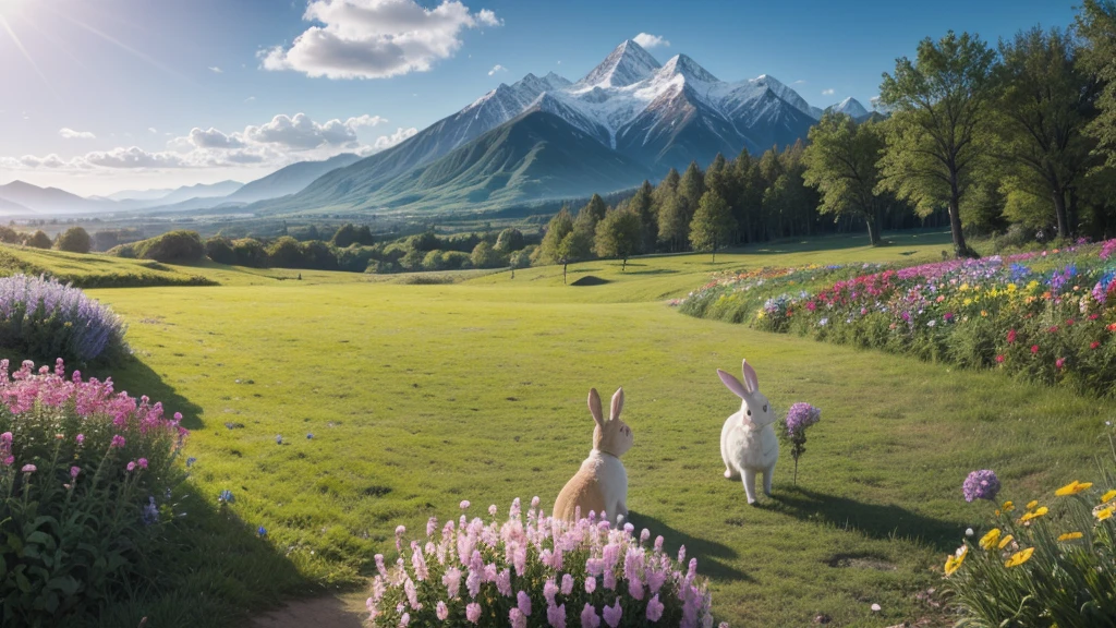 landscape with colorful flowers and rabbit