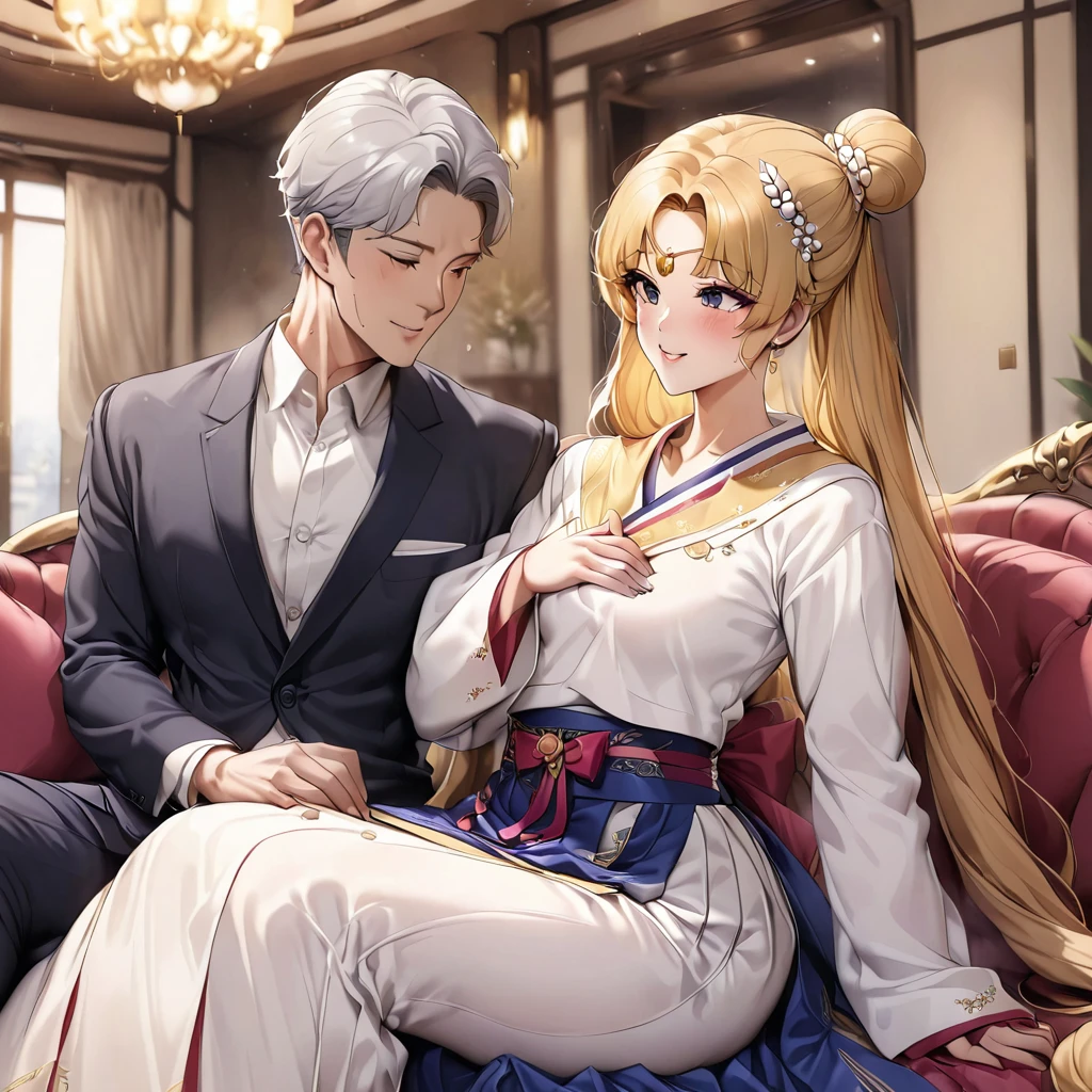 ((Highest quality)), ((masterpiece)), (detailed), （Perfect Face）、The woman is Korean Tsukino Usagi, and in a luxurious Korean mansion, she is wearing a gorgeous and dazzling traditional Korean dress called a hanbok, a gorgeous hair ornament, gorgeous jeweled accessories, and an engagement ring. The woman and the man are sitting on a gorgeous, large sofa in the luxurious room, and the woman is embracing and kissing the dignified and sturdy middle-aged Korean man wearing hanbok, making love to each other.、The woman is the elegant Tsukino Usagi, a Korean woman with long blonde hair in a chignon twin tail, wearing the traditional Korean dress, Chima Chogori.、The man is a dignified, sturdy middle-aged Korean man wearing the traditional Korean dress, Hanbok.