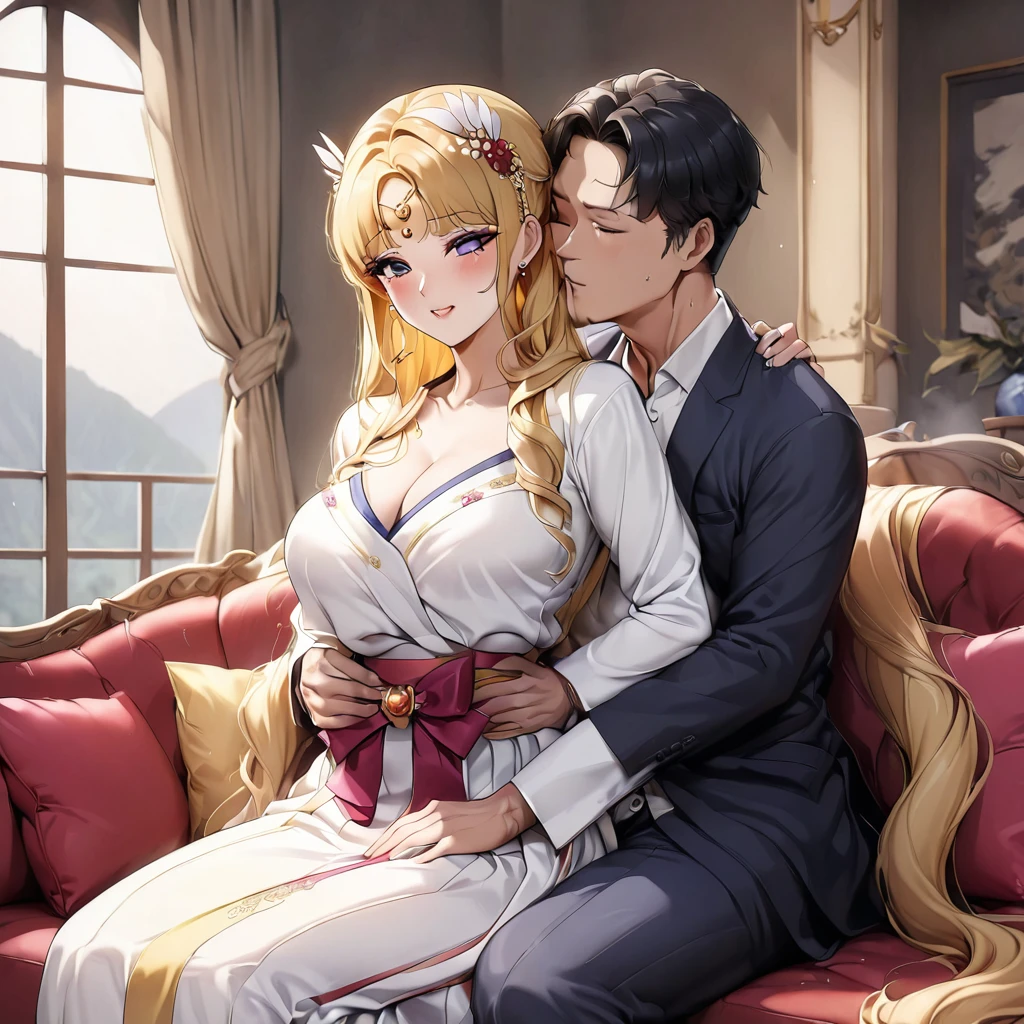 ((Highest quality)), ((masterpiece)), (detailed), (Perfect Face)、The woman is Korean Tsukino Usagi, and in a luxurious Korean mansion, she is wearing a gorgeous and dazzling traditional Korean dress called a hanbok, a gorgeous hair ornament, gorgeous jeweled accessories, and an engagement ring. The woman and the man are sitting on a gorgeous, large sofa in the luxurious room, and the woman is embracing and kissing the dignified and sturdy middle-aged Korean man wearing hanbok, making love to each other.、The woman is the elegant Tsukino Usagi, a Korean woman with long blonde hair in a chignon twin tail, wearing the traditional Korean dress, Chima Chogori.、The man is a dignified, sturdy middle-aged Korean man wearing the traditional Korean dress, Hanbok.