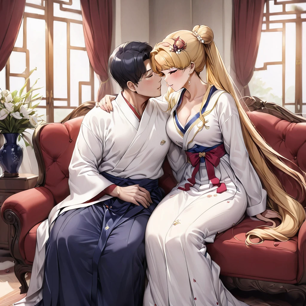 ((Highest quality)), ((masterpiece)), (detailed), (Perfect Face)、The woman is Korean Tsukino Usagi, and in a luxurious Korean mansion, she is wearing a gorgeous and dazzling traditional Korean dress called a hanbok, a gorgeous hair ornament, gorgeous jeweled accessories, and an engagement ring. The woman and the man are sitting on a gorgeous, large sofa in the luxurious room, and the woman is embracing and kissing the dignified and sturdy middle-aged Korean man wearing hanbok, making love to each other.、The woman is the elegant Tsukino Usagi, a Korean woman with long blonde hair in a chignon twin tail, wearing the traditional Korean dress, Chima Chogori.、The man is a dignified, sturdy middle-aged Korean man wearing the traditional Korean dress, Hanbok.