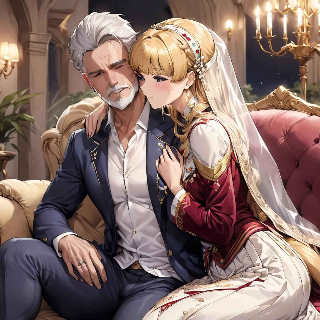 ((Highest quality)), ((masterpiece)), (detailed), （Perfect Face）、The woman is an Italian named Tsukino Usagi, and is wearing a gorgeous, glittering Italian traditional Sardinian costume in a luxurious Italian mansion, a lavishly decorated velvet jacket, a long veil, gorgeous jeweled accessories and an engagement ring. The woman and the man are sitting on a luxurious, large sofa in the luxurious room, and the woman is embracing and kissing the dignified, bearded middle-aged man wearing an Italian traditional costume, making love.、The woman is the elegant Tsukino Usagi, with long blonde hair in a chignon twin tail, wearing a velvet jacket decorated with the Italian national costume of Sardinia, and a long veil.、The man is a dignified, muscular, bearded Italian man dressed in Italian national dress.