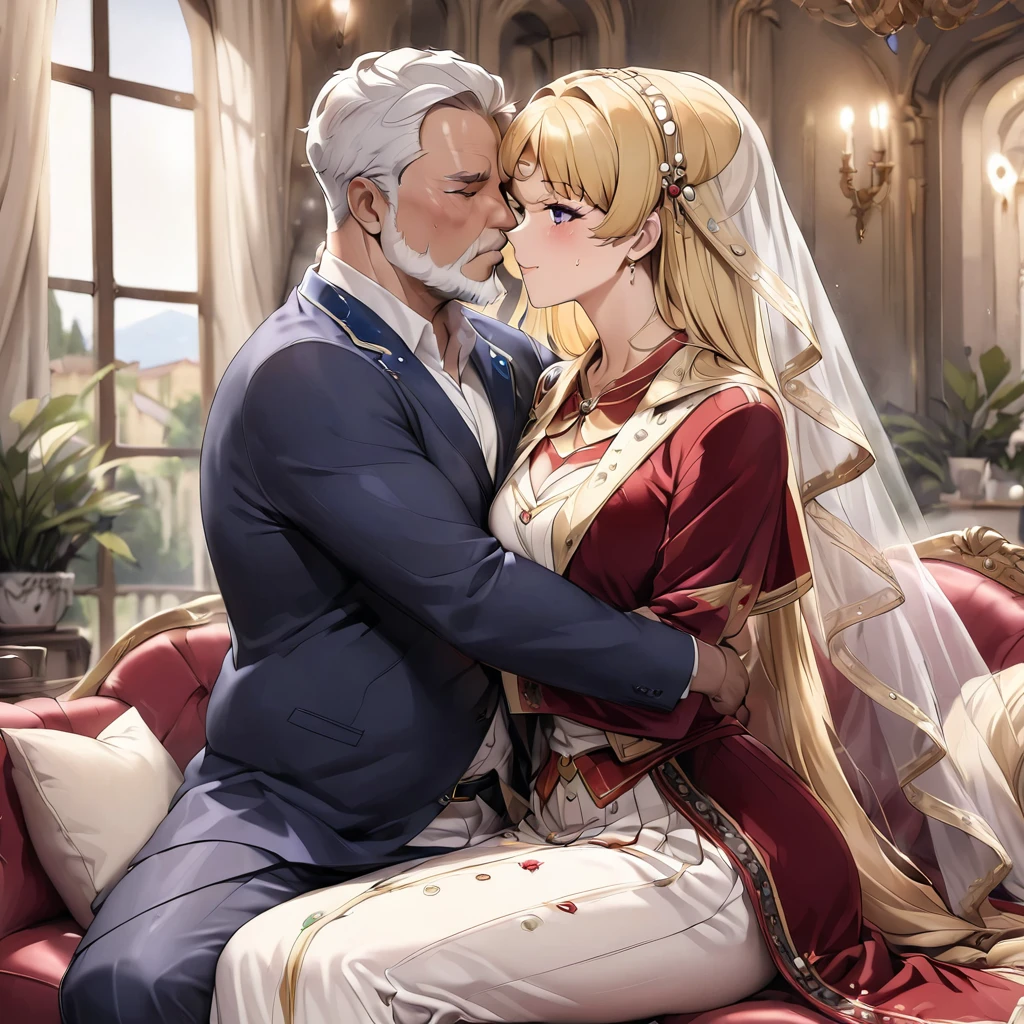 ((Highest quality)), ((masterpiece)), (detailed), (Perfect Face)、The woman is an Italian named Tsukino Usagi, and is wearing a gorgeous, glittering Italian traditional Sardinian costume in a luxurious Italian mansion, a lavishly decorated velvet jacket, a long veil, gorgeous jeweled accessories and an engagement ring. The woman and the man are sitting on a luxurious, large sofa in the luxurious room, and the woman is embracing and kissing the dignified, bearded middle-aged man wearing an Italian traditional costume, making love.、The woman is the elegant Tsukino Usagi, with long blonde hair in a chignon twin tail, wearing a velvet jacket decorated with the Italian national costume of Sardinia, and a long veil.、The man is a dignified, muscular, bearded Italian man dressed in Italian national dress.