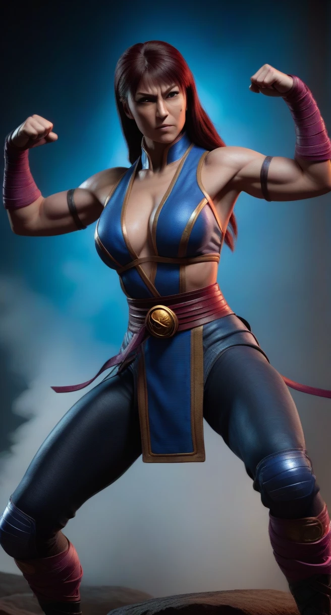 a woman in a fighting stance,milena from mortal kombat,full body shot,extremely detailed face and anatomy,4k, high quality, ultra-detailed,photorealistic,dramatic lighting,cinematic composition,dynamic pose,vivid colors,fantasy character,video game art