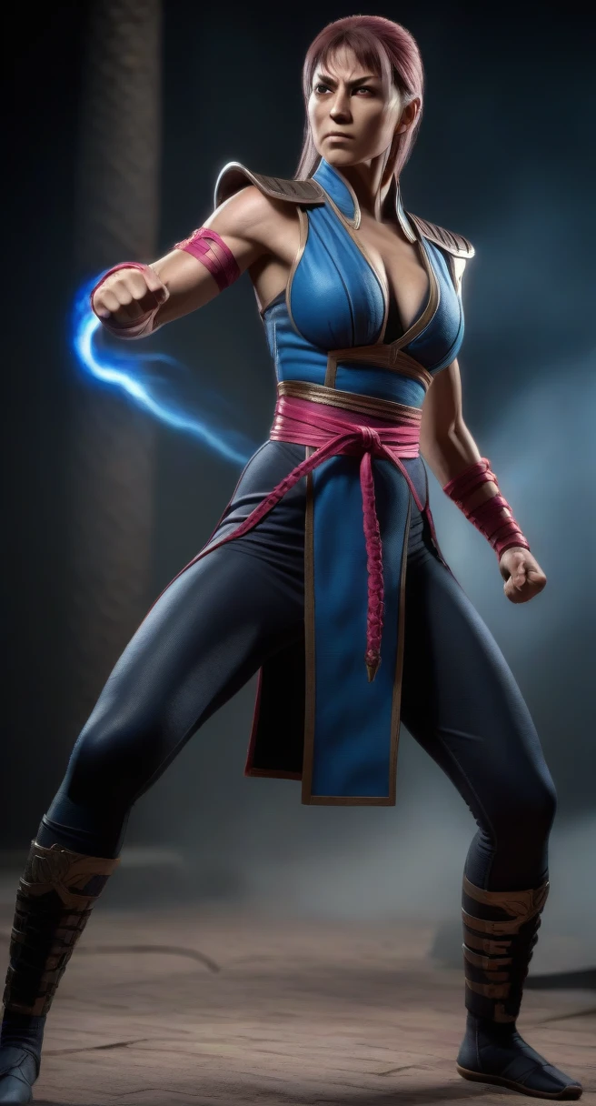 a woman in a fighting stance,milena from mortal kombat,full body shot,extremely detailed face and anatomy,4k, high quality, ultra-detailed,photorealistic,dramatic lighting,cinematic composition,dynamic pose,vivid colors,fantasy character,video game art