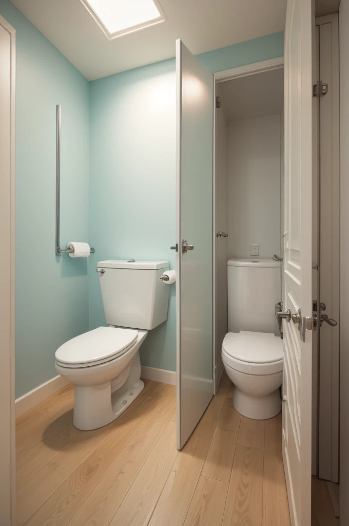 Narrow bathroom with toilet with attached box with box behind