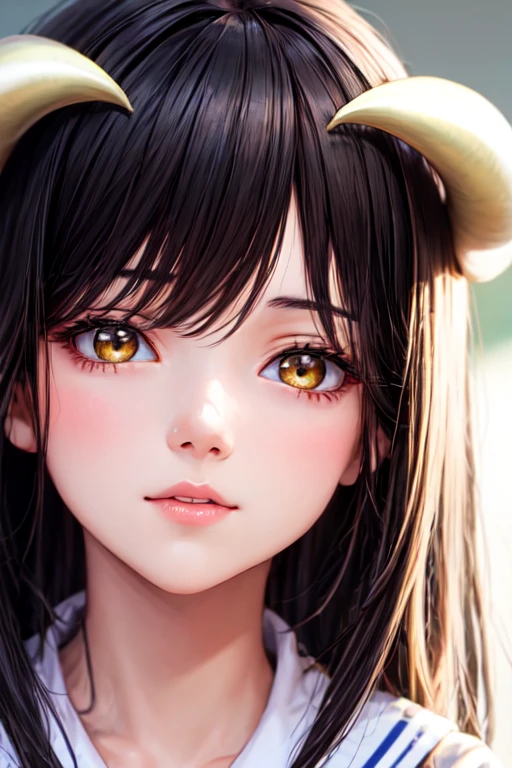 Girl scene with delicate features, black hair with white highlights, gold eyes, twisted horns on the side of the head, above the ears wearing school clothes