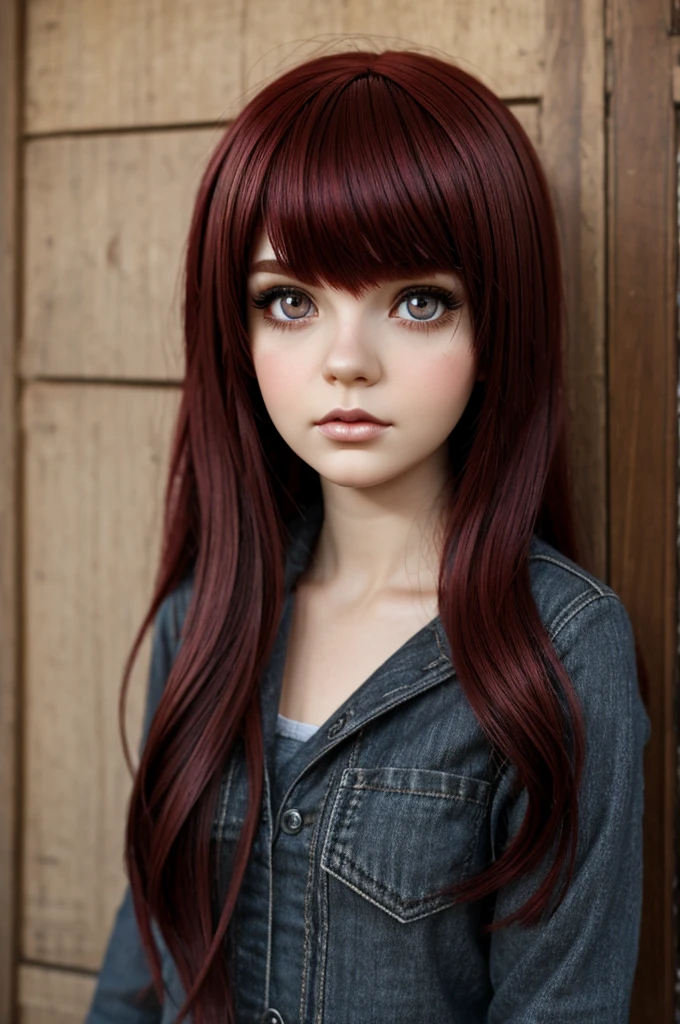 Blythe doll, dark red hair, fringe for one side of the face, the iris of the black eye, emo casual clothing