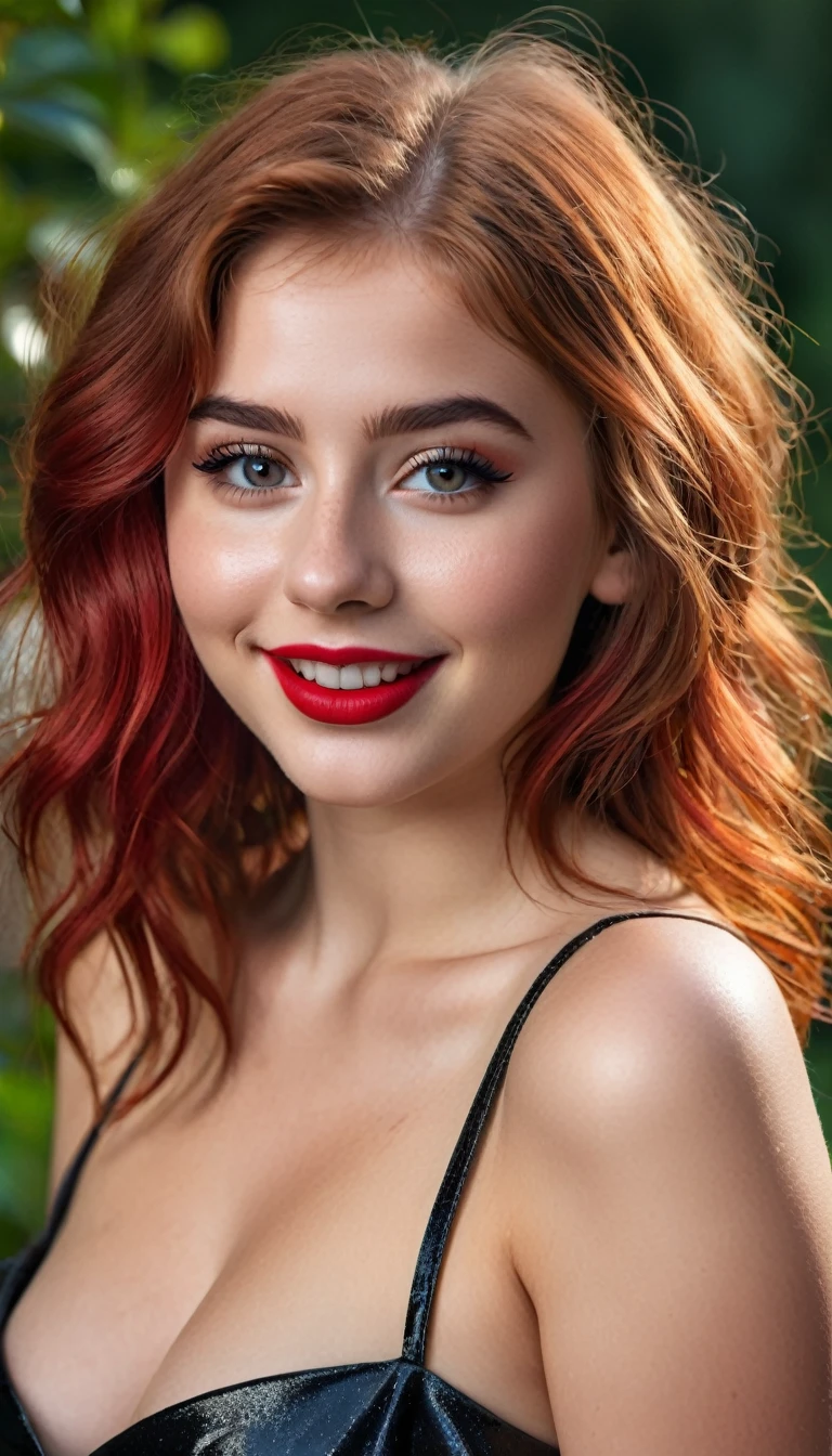 ultrarealistic high quality full body photo of a beautiful super busty slim european 19-year-old woman with cute hyperdetailed shy face and redhead shoulder length messy hair and shy smile, realistic round black eyes, red lips, dark eye makeup with eyeliner, wearing long shiny vinyl dress, hourglass body, tanned, outdoor photography