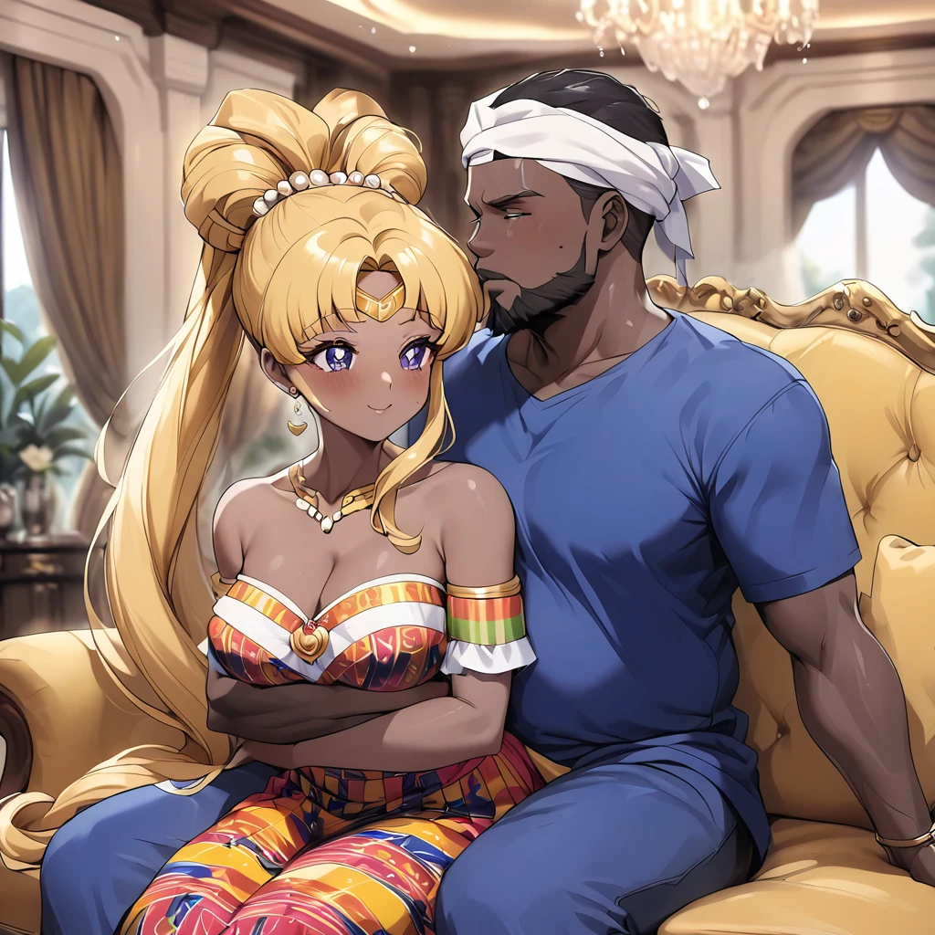 ((Highest quality)), ((masterpiece)), (detailed), （Perfect Face）、The woman is a Ghanaian black woman named Tsukino Usagi with vivid dark skin. She is wearing a gorgeous, colorful, glittering Ghanaian dress, a colorful turban head scarf, gorgeous jeweled accessories and an engagement ring in a luxurious Ghanaian mansion. The man and woman are sitting on a luxurious, large sofa in the luxurious room, and the woman is embracing and kissing the dignified, bearded, middle-aged Ghanaian man wearing Ghanaian traditional clothing, making love to each other.、The woman is the elegant Tsukino Usagi, with long blonde hair in a chignon twin tail, wearing a colorful Ghanaian dress and a colorful turban head scarf, and has vivid dark brown skin.、（The woman is a black Ghanaian with vivid dark brown skin.）、The man is a dignified, burly, bearded Ghanaian man wearing a smock.