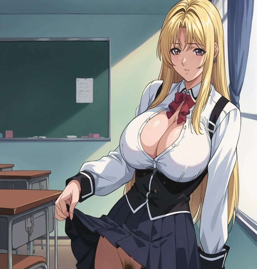 score_9, score_8_up,   pretty girl .  blonde hair .    long hair  .      source_anime  Bibl3  .  in classroom      .  good eyes.  detailed .   pubic hair  .    crazed  face.  eye focus.  huge breasts, cleavage     .   female in , lifting skirt