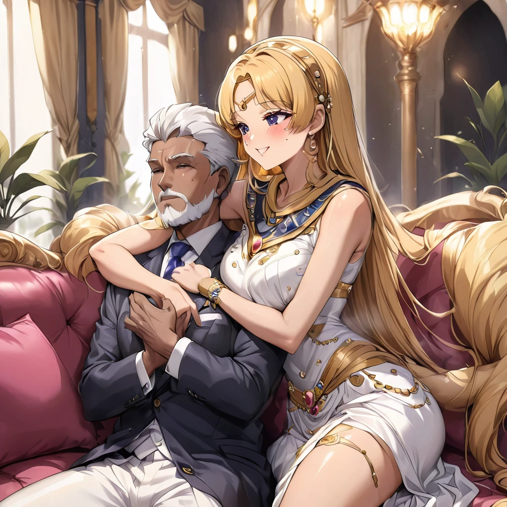 ((Highest quality)), ((masterpiece)), (detailed), (Perfect Face)、The woman is a Muslim Egyptian named Tsukino Usagi with vivid brown skin, and is wearing a luxurious and glittering galabeya, a gorgeous hijab, gorgeous jeweled accessories and an engagement ring in a luxurious Egyptian mansion. The woman and the man are sitting on a luxurious and large sofa in the luxurious room, and the woman is embracing and deep kissing the dignified and bearded middle-aged man wearing Egyptian traditional clothing, making love to each other.、The woman is the elegant Tsukino Usagi, with long blonde hair in a chignon twin tail, wearing a gorgeous and glittering galabeya and a gorgeous hijab, a bright brown-skinned Muslim Egyptian.、(The woman is the dark-skinned Egyptian Tsukino Usagi.)、The man is a dignified, muscular, bearded, middle-aged Egyptian Muslim man wearing a galabeya