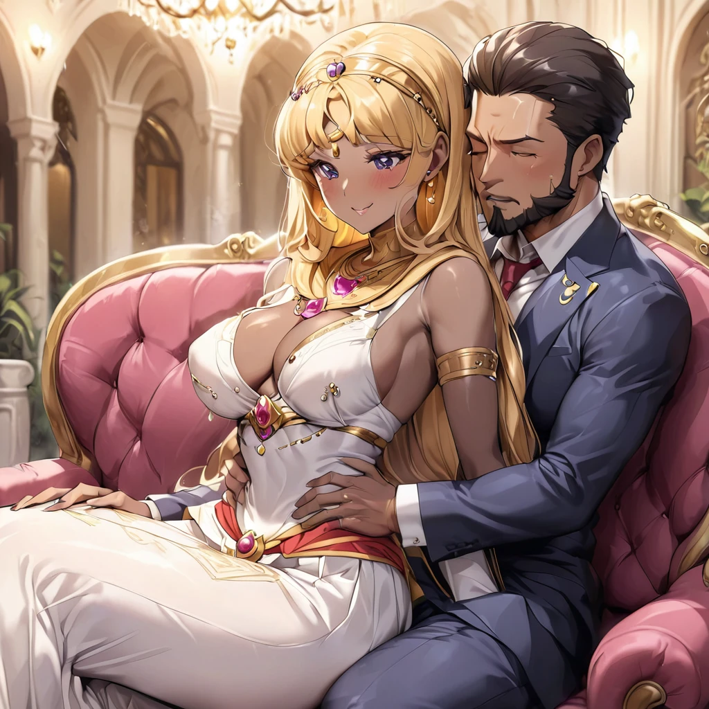 ((Highest quality)), ((masterpiece)), (detailed), (Perfect Face)、The woman is a Muslim Egyptian named Tsukino Usagi with vivid brown skin, and is wearing a luxurious and glittering galabeya, a gorgeous hijab, gorgeous jeweled accessories and an engagement ring in a luxurious Egyptian mansion. The woman and the man are sitting on a luxurious and large sofa in the luxurious room, and the woman is embracing and deep kissing the dignified and bearded middle-aged man wearing Egyptian traditional clothing, making love to each other.、The woman is the elegant Tsukino Usagi, with long blonde hair in a chignon twin tail, wearing a gorgeous and glittering galabeya and a gorgeous hijab, a bright brown-skinned Muslim Egyptian.、(The woman is the dark-skinned Egyptian Tsukino Usagi.)、The man is a dignified, muscular, bearded, middle-aged Egyptian Muslim man wearing a galabeya