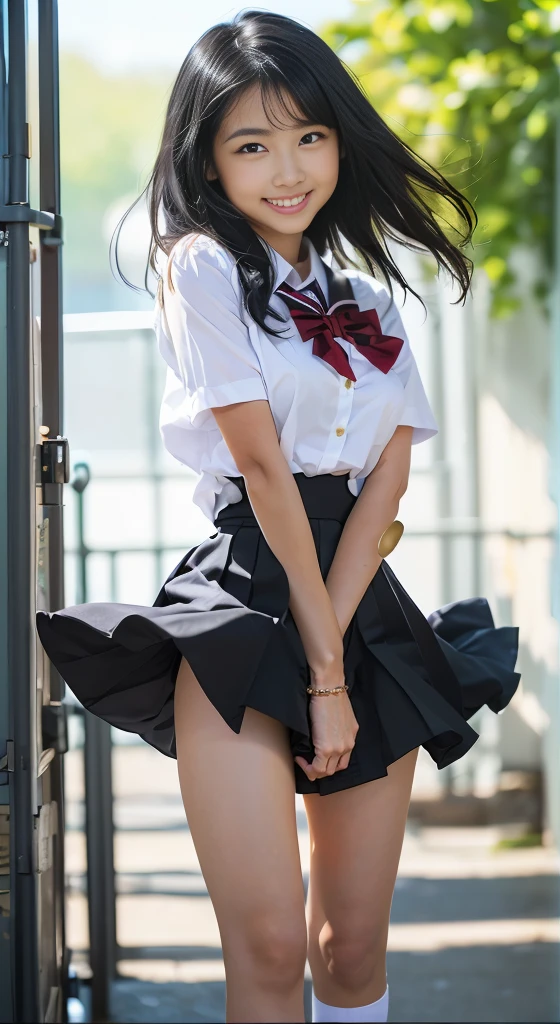 (8K、Raw photography、Highest quality、masterpiece:1.2),(Black Hair、Dark Eyes:1.9),(high school girl、school uniform:1.6)、View your viewers,Front view,White skin,(:1.3)、(Tight waist:1.6)、(Clothes that accentuate the shape of the breasts:1.0)、(Big Breasts :1.3)、Slim figure、Ultra-high resolution,beautiful,beautiful fece,(One person、No background:1.9),whole bodyボディー,Japanese women,(reality的:1.37)、Photon Mapping,reality、(Baby-faced and cute: 1.2)、(Cute Smile: 1.8)、(Round face: 1.8)、Radio City、Physically Based Rendering、Depth of field rally background、photograph, (I can see your knees、Thigh close-up:1.8),(:1.3),whole body、Great quality