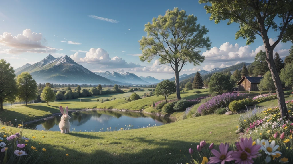 landscape with flowers and rabbit