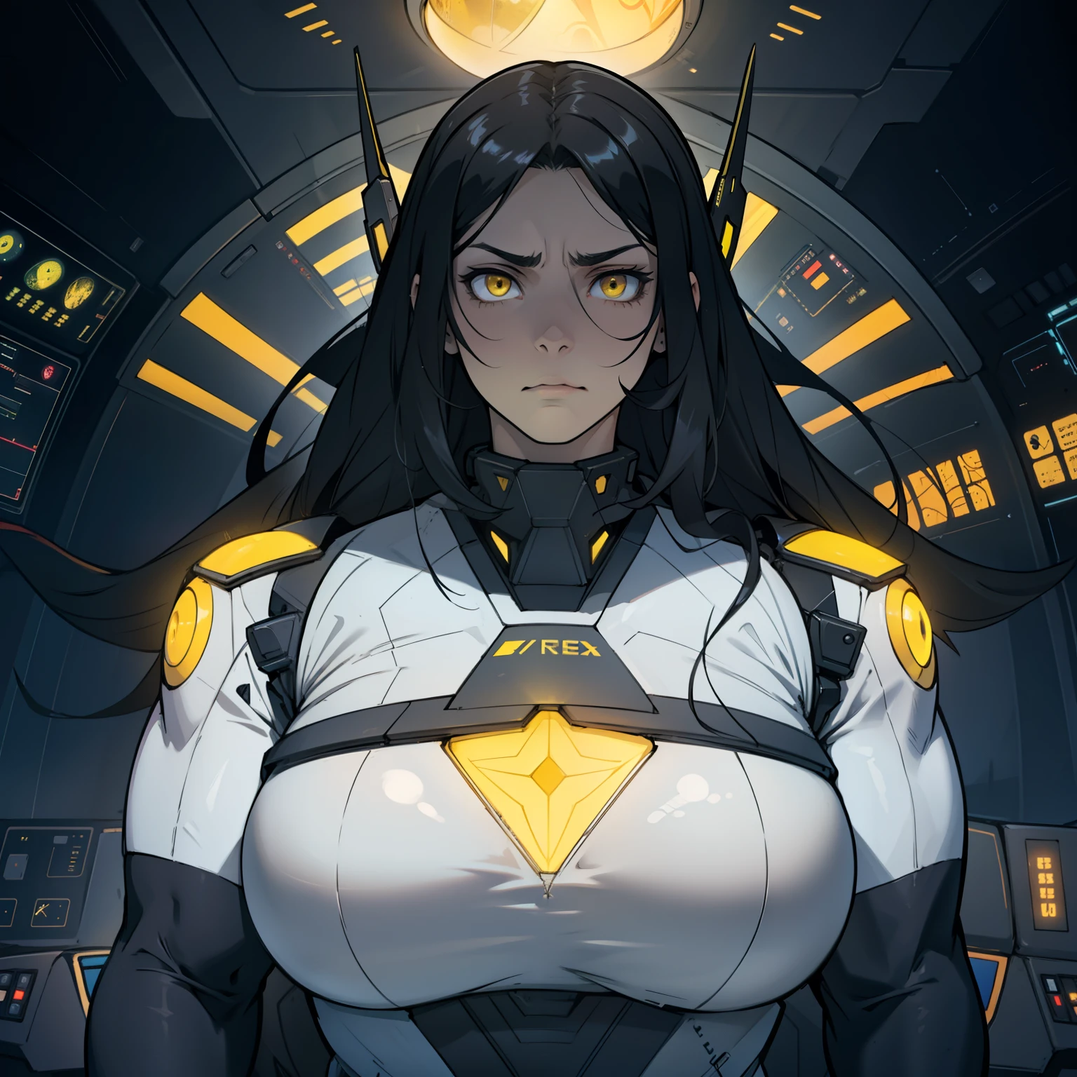 massive hair huge tits giant muscles expressionless sad girl black hair long hair yellow eyes pale skin extremely thick ((alien suit inside spaceship cockpit))
