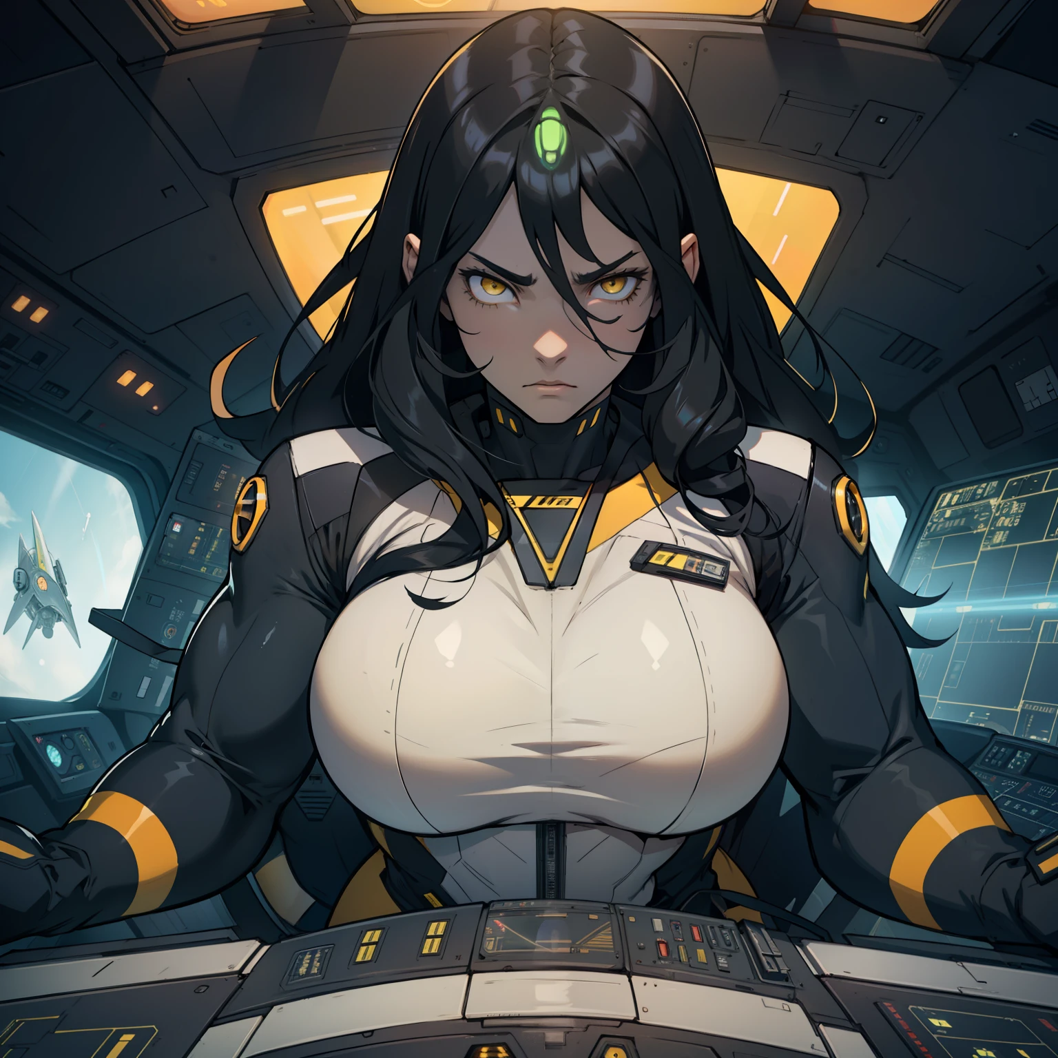 massive hair huge tits giant muscles expressionless sad girl black hair long hair yellow eyes pale skin extremely thick ((alien suit inside spaceship cockpit))
