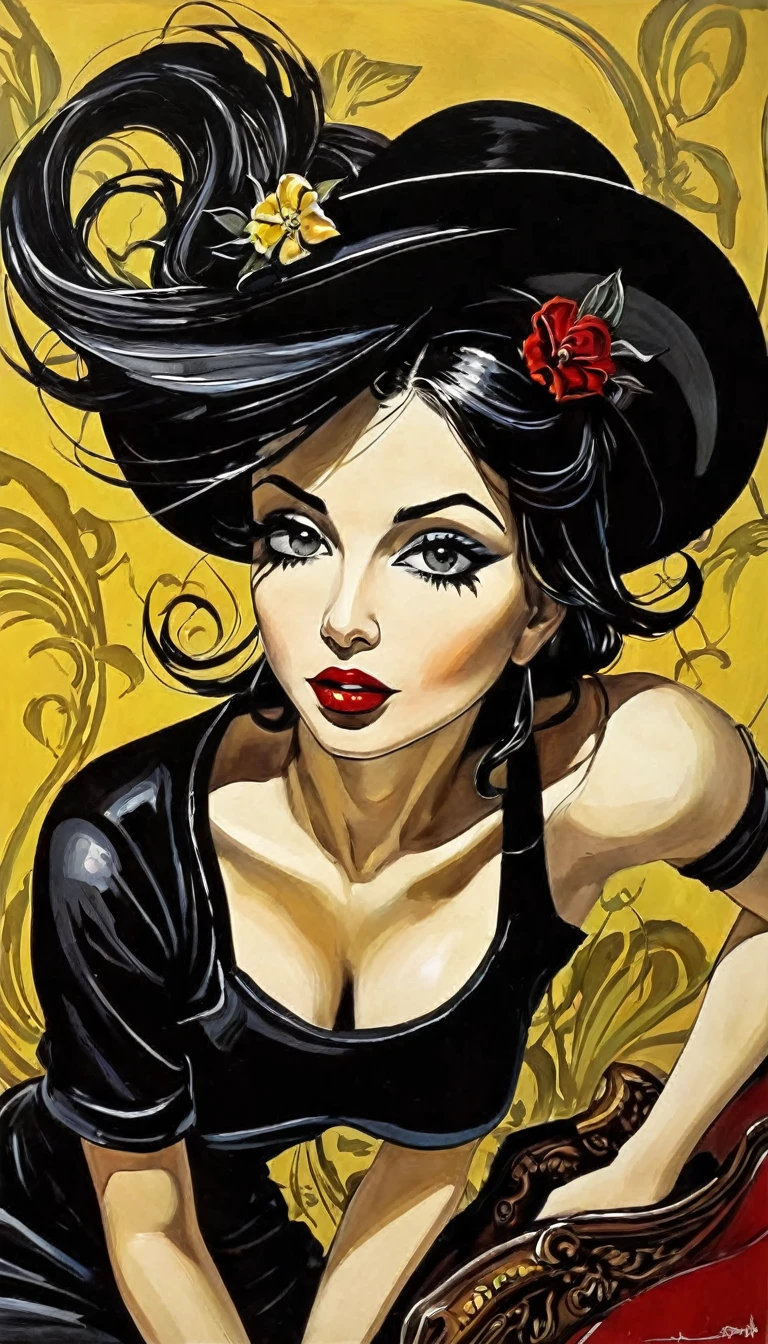 A Gil Elvgren pin-up style painting of a beautiful nude goth woman with big messy black hair, vibrant and colorful, full body shot,