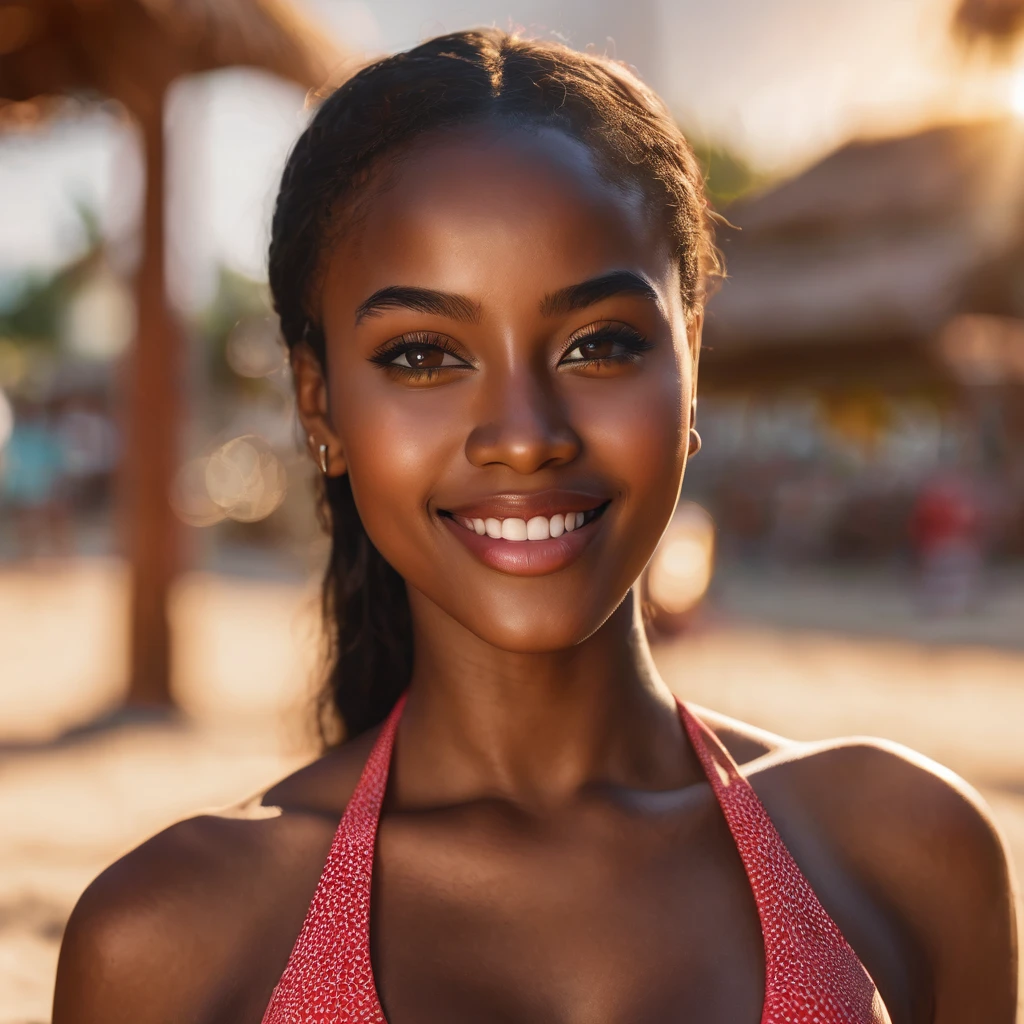 A brown African girl with good looking breasts in a red bikini, smiling, ultra-detailed, (best quality,4k,8k,highres,masterpiece:1.2),ultra-detailed,(realistic,photorealistic,photo-realistic:1.37),beautiful detailed eyes,beautiful detailed lips,extremely detailed eyes and face,longeyela shes,outdoor,sunny day,warm lighting,vibrant colors,cinematic lighting