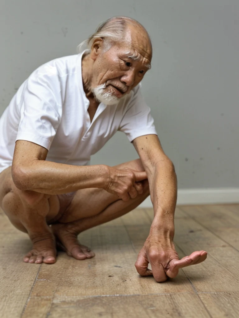 An old man searching for a contact lens that fell on the floor、From the side
脚を開く