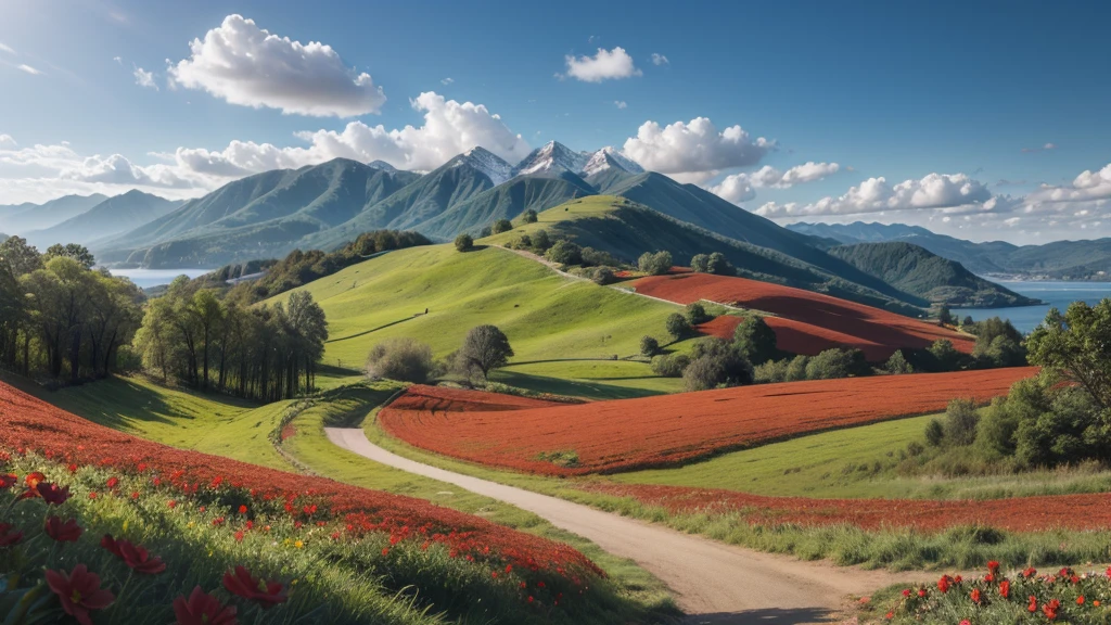landscape with red flowers and rabbit