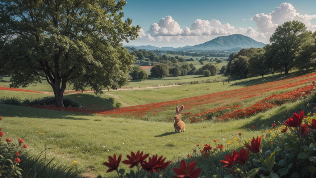 landscape with red flowers and rabbit