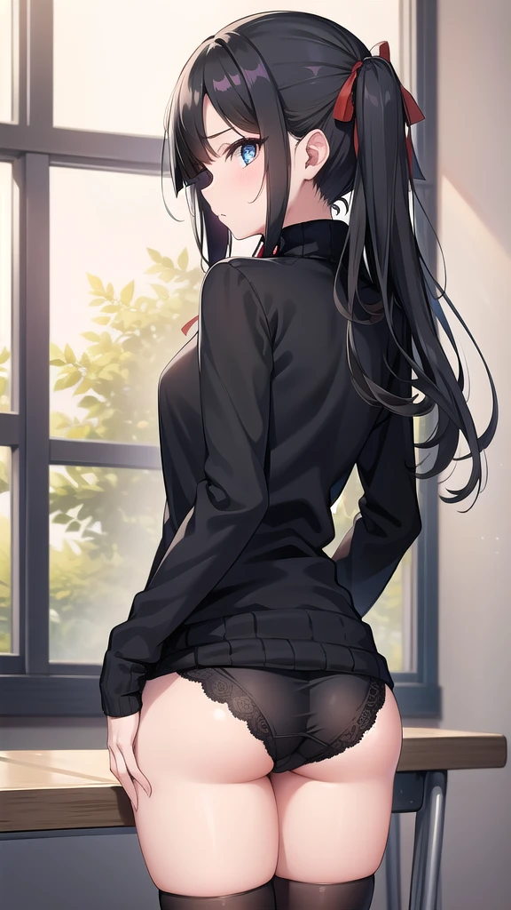 rintohsaka, rin tohsaka kyockcho, aqua eyes, (black hair:1.5), hair ribbon, long hair, ribbon, sidelocks, two side up, (parted bangs:1.5),
BREAK black skirt, black thighhighs, long sleeves, miniskirt, pleated skirt, (red sweater:1.5), skirt, sweater, thighhighs, turtleneck,
BREAK indoors, classroom,school,desk,tables,
BREAK looking at viewer,
BREAK (masterpiece:1.2), best quality, high resolution, unity 8k wallpaper, (illustration:0.8), (beautiful detailed eyes:1.6), extremely detailed face, perfect lighting, extremely detailed CG, (perfect hands, perfect anatomy),standing in classroom,long legs,upskirt,shows underwear,sexy underwear,panties,from behind,back view shot,back view.