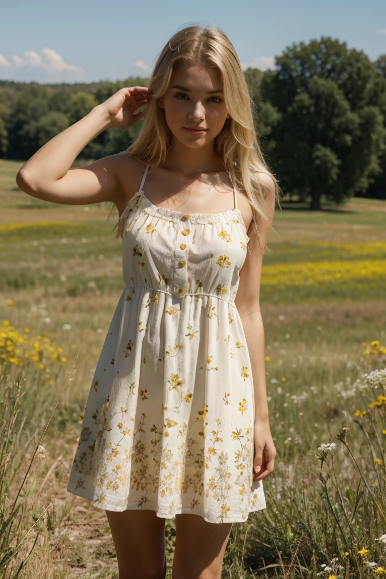 Beautiful girl out in the meadow, sun dress, blonde hair