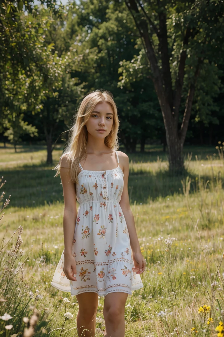 Beautiful girl out in the meadow, sun dress, blonde hair