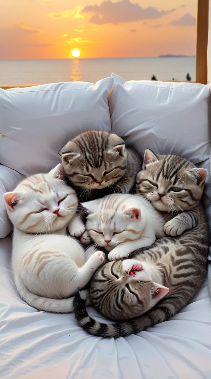 With the sunset in the background,(masterpiece:1.2, high quality), Five Scottish Fold kittens sleeping together in bed、