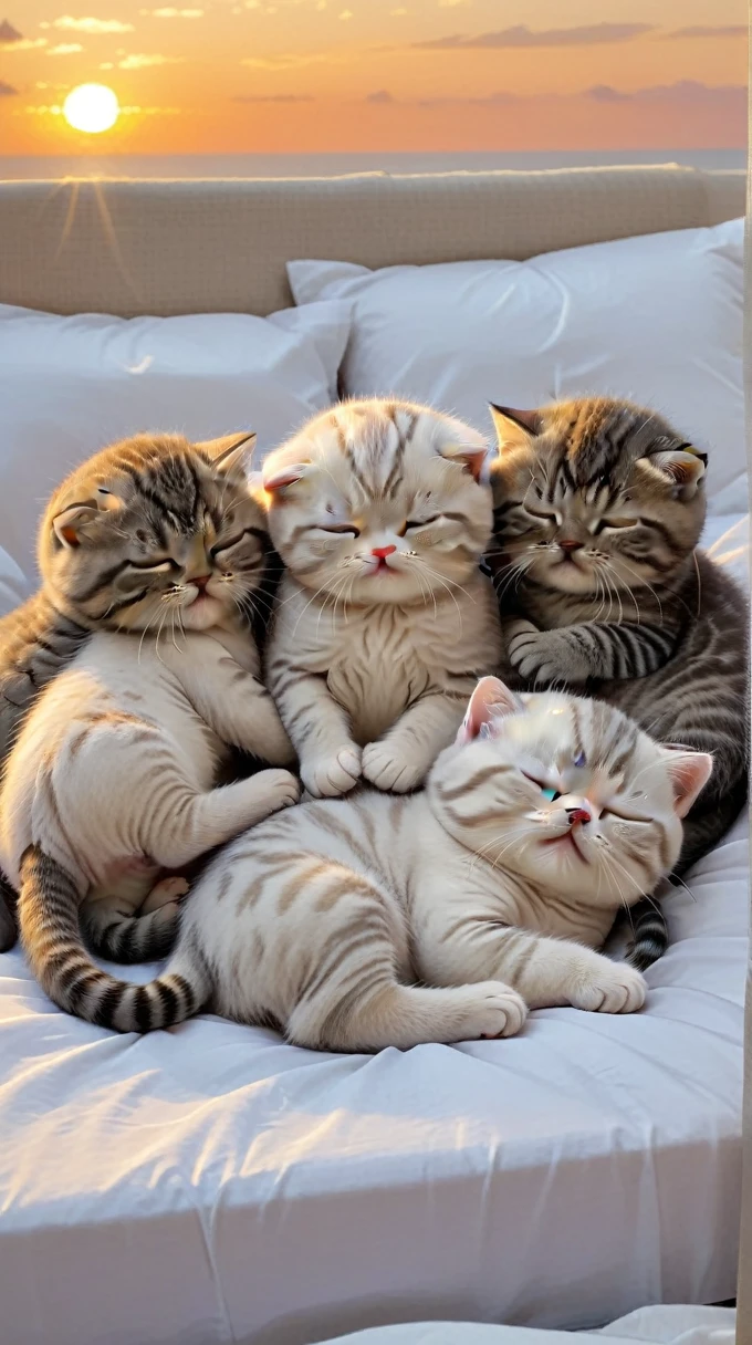 With the sunset in the background,(masterpiece:1.2, high quality), Five Scottish Fold kittens sleeping together in bed、