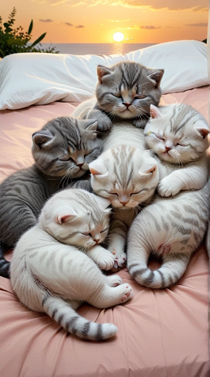 With the sunset in the background,(masterpiece:1.2, high quality), Five Scottish Fold kittens sleeping together in bed、