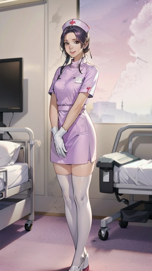 1 Female, alone, nurse, nurse cap, White, ((White legwear, zettai ryouiki)), White gloves, Long Hair, Purple Hair, Red eyes, Pink Lips, smile, Are standing, ((Hospital room)), Sharp contours, Short sleeve, Mature Woman, Age 35, highest quality, masterpiece